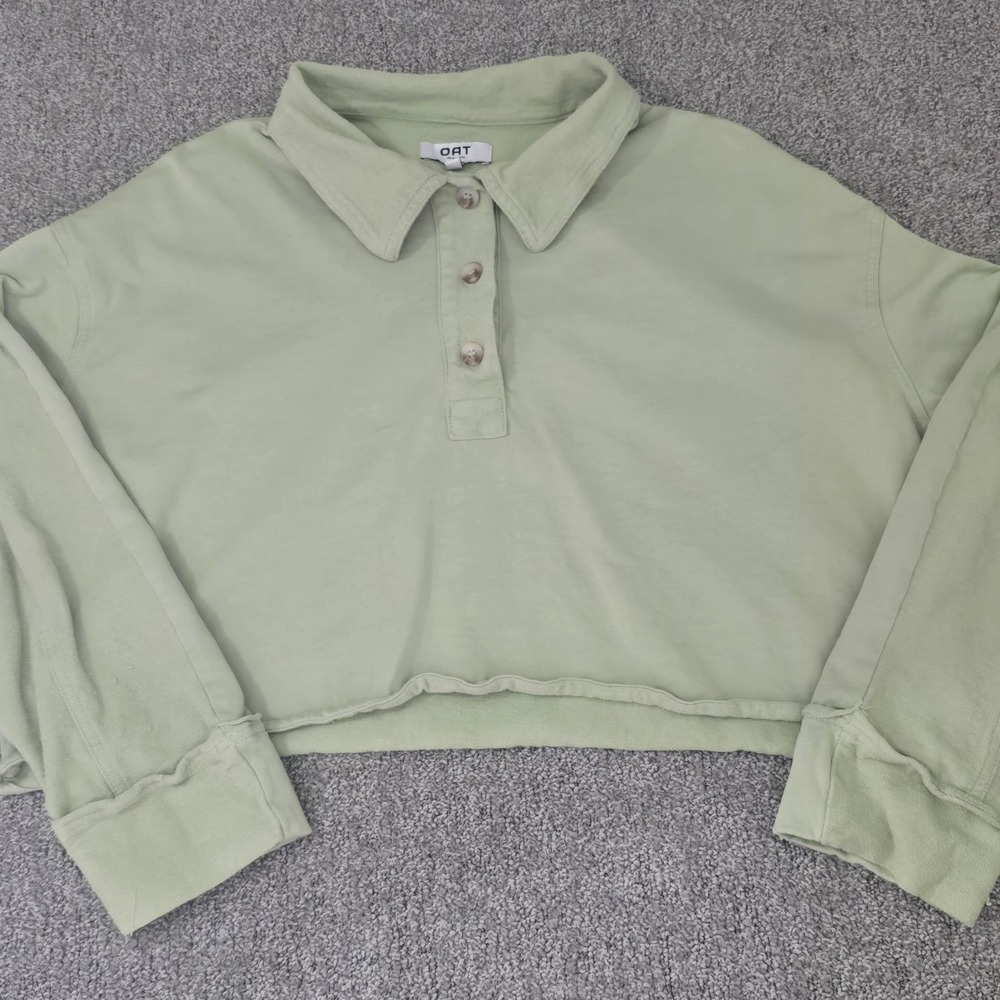 OAT Cropped Pullover Womens Size L Green Collared Button Front Lounge Top‎